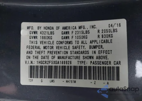 2016 Honda Accord Sport z USA, uszkodzony, nr VIN 1HGCR2F5XGA189926